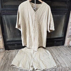 Women’s Beige Button-Up Shirt and Shorts Set
